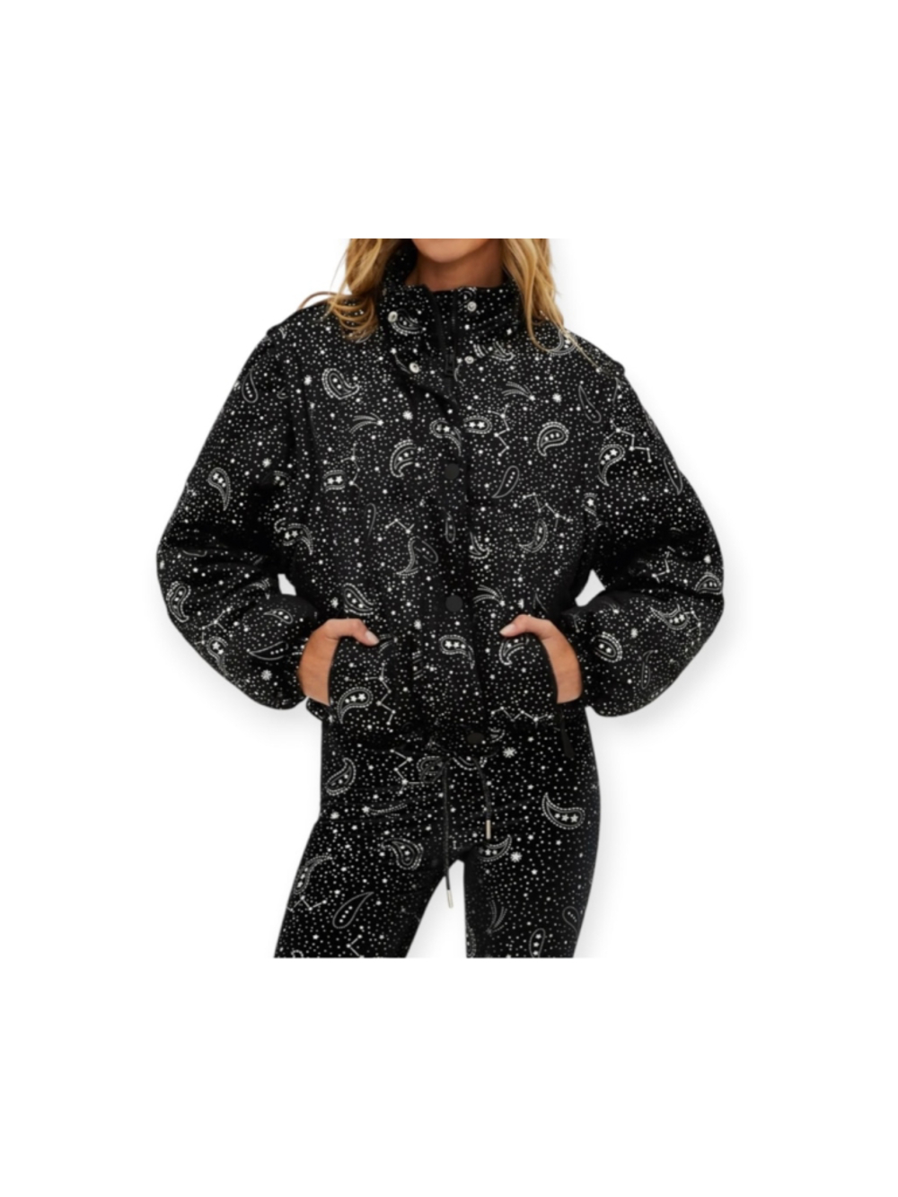 Beach Riot Black Puffy Jacket, Size Medium, Star, Celestial Paisley Silver